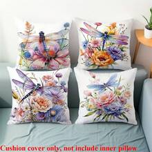 Set de 4 fundas de cojín con diseño de libélula en acuarela - Terciopelo suave color melocotón, 17.7x17.7 pulgadas, con cierre de cremallera, lavable a máquina - Perfecto para decoración de sala de estar y dormitorio, sin cojín interior - Multicolor - Ver 6
