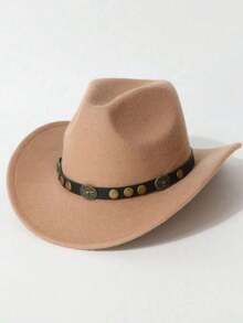 1 pieza Sombrero de fieltro de ala ancha con forma de corazón de unicolor para mujer, decorado con hebilla de cinturón de cabeza de buey de metal remachado, sombrero vaquero personalizado, estilo versátil unisex para actuaciones y fiestas - Sombrero de cabeza de toro con clavos redondos - Ver 4