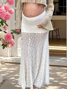 Sheer Lace Maternity Skirts For Women Loose Low Elastic Waist Long Skirt Casual Pregnancy Skirts - White - View 3