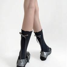 2 Pairs Of Fashionable Versatile Calf Socks For Autumn And Winter, Vertical Stripes, Mid Tube Socks, Simple Heel Calf Socks, Wide Stripes, Stacked Socks, Versatile, Solid Color - 淺灰底灰結 - 查看 7