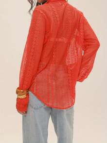 Women Sheer Lace Blouse Loose Casual Long Sleeve Button-Up Collared Shirts For Spring Fall - Orange-red - View 4