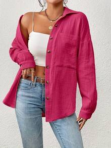Women'S Casual Long Sleeve Button-Up Shirt - Brown Textured Fabric, Open Front, Loose Fit, Summer Style, Perfect For Casual Attire, Casual Summer Wear | Buttonup Shirt | Textured Fabric - 玫紅色 - 查看 4