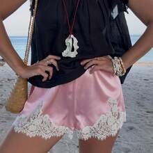 Boho Women's Lace Trim Satin Silk Shorts Shiny Elastic Waist Mini Shorts Pettipants Half Slip Shorts French Knickers Boyshorts For Dresses Full Coverage Underwear Lounge Pants - 粉色 - 查看 3