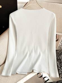 Women's French Elegant Everyday Casual Round Neck Straight Shoulder Long Sleeve Metal Button Slim Solid Color Cardigan Business Fitted Blazers Collarless Split Hem Work Office Jackets, Fall Winter - White - View 2
