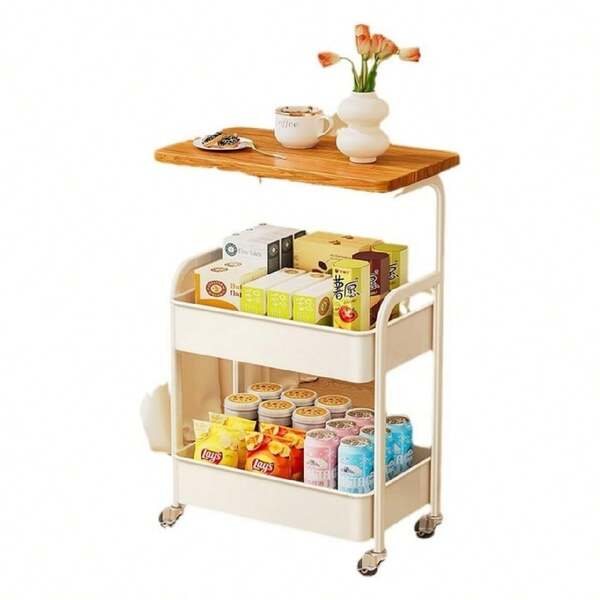 mteryoing Utility Cart With Wood Tabletop | 3-Tier Storage Cart With Lockable Wheels & Sturdy Metal Frame | Multi-Purpose Rolling Organizer For Kitchen, Office, Bedroom | Easy No-Tools Assembly For Small Spaces
