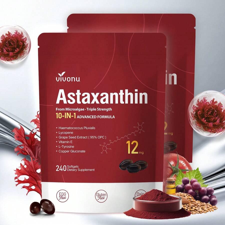 VivoNu Astaxanthin 12mg, 240 Softgel Capsules, Fresh Rain Red Algae, 10 In 1 Astaxanthin Antioxidant Supplement, Containing Lycopene, Grape Seeds, Vitamin E, Etc., Supporting Eye, Joint, And Skin Health, 1 Bag - 2bag - 查看 1