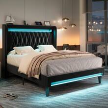 Allewie Upholstered Full/Queen/King Platform Bed Frame With LED Light And Charging Station, Button Tufted High Headboard, Wingback Design, Noise Free, Easy Assembly, No Box Spring Needed, Black - View 8