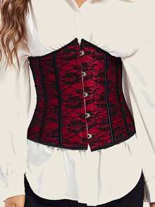 1pc Vintage Palace Style Bohemian Polyester Lace Overbust Corset Waist Belt, 5-Hook Waist Cincher For Women Halloween Costume - Burgundy - View 5