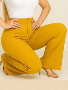 Pantalón Mujer Elegante y Moderno.  Tiro Alto y Pierna Amplia. Tela Ligera y Fresca. Confeccionado en Poliéster Liviano con Elastano. Tela Millenium Stretch, Poliéster con Elastano - Amarillo Mostaza - Ver 3