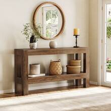 LITTLE TREE 63-Inch Narrow Long Black Console Table For Entryway, Wooden Entry Table For Living Room, Hallway, Sofa, Entrance, Foyer, Behind Couch With 2-Tier Storage Shelves - 棕色 - 查看 1
