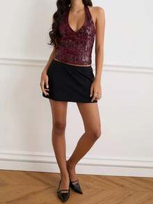 Camiseta de tirantes con lentejuelas para mujer, de unicolor, ajustada, con cuello en V profundo y espalda descubierta, sin mangas - Burdeos - Ver 4