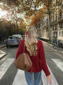 Joy Strick Damen Herbst/Winter Pullover, neues modisches All-Match Top, minimalistischer lässiger vielseitiger Rundhals Pullover Strickbluse - Bordeaux - Übersicht 2