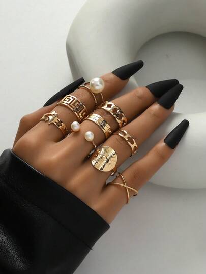 9pcs/Set European & American Style Rings, Minimalist Criss-Cross Pearl & Hollow Design Rings For Women
