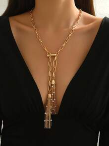 1pc Fashionable Metal Style Minimalist Creative Metal O-Shape Chain Link With Faux Pearl Tassel Dual Pendant Y-Necklace, Suitable For Daily Wear, Party, And Festivals - Golden - View 1