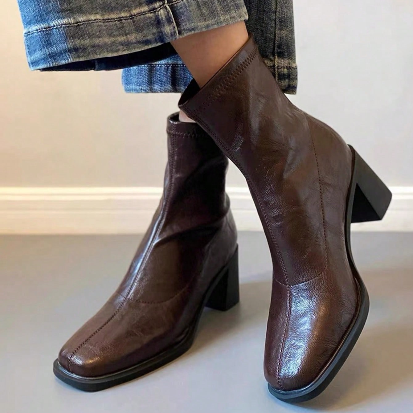 Botas de tobillo con tacón grueso vintage, elásticas y ajustadas, botas de tacón alto para mujer para ir al trabajo, botas y botines de otoño/invi