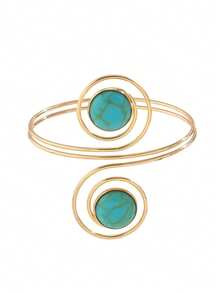1pc Gold Metal Arm Cuff Bracelet With Resin Turquoise Inlay, Adjustable Minimalist Fashion Unique Niche Style For Men And Women - Turquoise - View 6