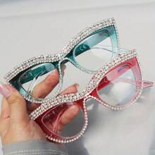 2pcs Elegant Cat Eye Crystal Glasses - Stylish Full Frame Design, Shiny Crystal Lightweight Computer Glasses +1, 0 To +4, 0 Black And Translucent Frame| Decorative Glasses| Polycarbonate Lenses - 白色+粉紅色 - 查看 9