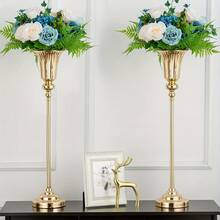 2 件，餐桌中心花瓶高婚礼花架金属喇叭花瓶，用于婚礼派对晚宴活动酒店家居装饰情人节礼物塑料花，金色和银色 - 彩色 - 查看 1