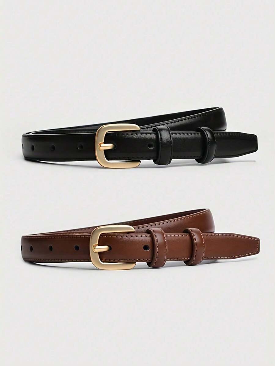 1/2pcs Women's Tight Waistband, Leather Solid Color Waistband With Gold Needle Buckle, Slim Fit Waistband For Jeans And Pants, Fashionable Design