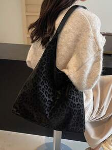 2025 秋冬新款豹纹黑色时尚休闲女士托特包，大容量软皮2件套PU皮革单肩包，适合日常使用、通勤、学校、大学生