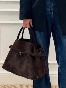 复古棕色绒面革托特包 - 大容量通勤单肩包，配有磁扣、尼龙衬里和耐用手柄，非常适合日常使用，日常托特包 | 复古风格包 | 耐用手柄，托特包 - 咖啡 - 查看 4