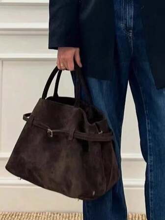 Vintage brun mocka-tygväska - Stor axelväska med magnetisk stängning, nylonfoder och slitstarka handtag, perfekt för vardagligt bruk, Vardagstygväska | Väska i vintagestil | Slitstarka handtag, Tygväska