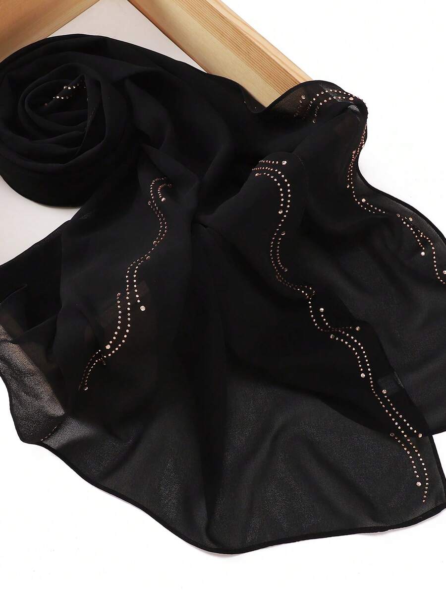1 pièce Foulard musulman en mousseline de soie noire unie très orné de rayures et de strass, cadeau pour les fêtes - Multicolore - Voir 1