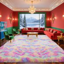 Large Shaggy Area Rug For Living Room & Bedroom – Stain-Resistant Fluffy Carpet With 1.4 In High Pile, Plush Aesthetic Throw Rug, Non-SIip Rubber Backing With 4 Anti-SIip Pads, Durable Edge Stitching – Cozy Minimalist Decor – Great Gift For New Year ! - Cầu vồng - Xem 4