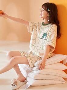 【AICJ睡衣】女士休闲卡通恐龙印花圆领短袖上衣短裤两件套睡衣，适合春夏穿着，母亲节、情人节、新年礼物之选 - 米色 - 查看 5