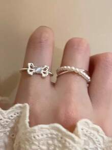 2 piezas Anillos de cinta de lazo en color plateado romántico y adorable estilo Y2K para mujer, anillos de dedo abiertos con líneas geométricas exquisitas, regalo de joyería - corbata de moño - Ver 3
