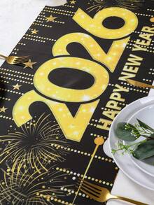 1件装新年涤纶桌旗，黑金烟花2026新年快乐图案桌旗，新年家庭聚会餐桌中心装饰，家居装饰，厨房装饰，餐厅装饰，新年派对桌布装饰，新年派对用品 - B款2026年新年 - 查看 7