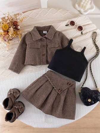3pcs Infant Girl Plaid Blazer, Camisole Top And Skirt Set, Sweet Fashion School Style Outfit For Spring/Autumn, Suitable For School And Outdoor