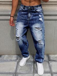 Roughcore Men's Loose Fit Distressed Washed Denim Jeans - Dark Wash - View 5