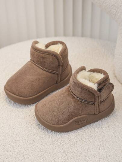 1 Pair Khaki Hook And Loop Decor Thermal Lined Thick Winter Baby Boots, Fashion Comfortable Non-Slip Minimalist Cute Warm Toddler Ankle Boots, Suitable For Daily Wear