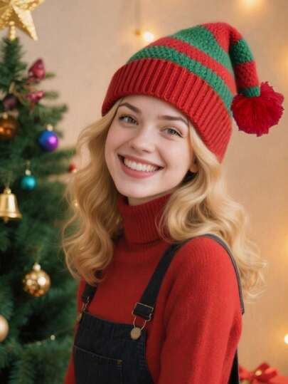 通用圣诞条纹针织帽 - 红色和绿色对比针织帽，适合节日派对和日常户外穿着，多功能休闲圣诞针织帽