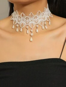1pc New Arrival European & American Style Teardrop Gold Lace Necklace, Versatile Choker For Women - White - View 4