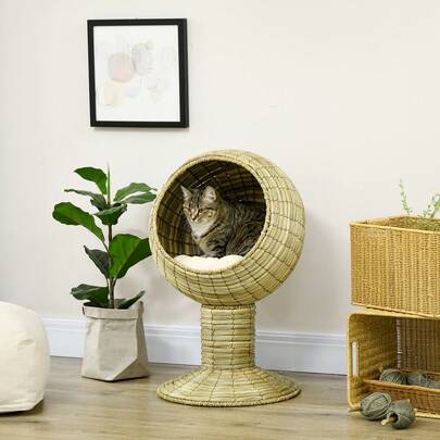  PawHut Raised Cat House, Natural Mat Grass Cat Bed Stand Cushion, 41x 69 Cm