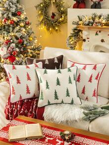 1 pieza Funda de cojín con árbol de Navidad bordado en color café, con borde de chenilla. Funda de cojín suave y gruesa de estilo nórdico, adecuada para sofá, cama, sala de estar, dormitorio, decoración navideña, regalo para el hogar en días festivos