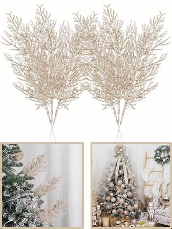 16 st - Julglitter tallbarr julplockar och sprayer konstgjorda tallblad cederträstjälkar jullövstjälkar för gör-det-själv-krans heminredning, champagneglitter konstgjorda tallbarr konstgjorda julblommor grenar för julgranskrans bröllopsbukett vintersäsongsdekoration (champagne)