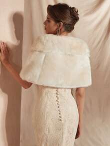 女士翻领绒面披肩，香槟色加厚仿毛皮新娘披肩，是日常配饰，可温暖晚宴礼服。 - 香檳色 - 查看 5