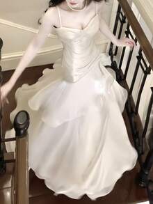 优雅珍珠荷叶边下摆正式晚礼服，修身伴娘礼服，返校舞会礼服，鸡尾酒会礼服，秋季音乐会礼服，万圣节/圣诞节仙气飘飘的服装 - 杏色 - 查看 8