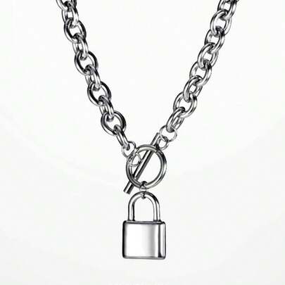 1pc Titanium Steel Necklace With Lock Pendant, Vintage Style, Unisex, Suitable For Couples Wearing QLQH