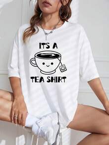 Camiseta con dise?o de taza de té y frase It's a tea shirt,Camiseta casual estampada de manga corta y cuello redondo, 100 % algodón - Blanco - Ver 1