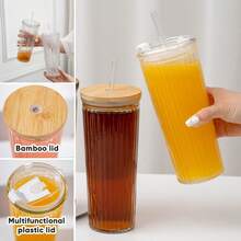 2pcs 4pcs 24oz Reusable Water Tumbler Glass Drinking Juice Coffee Tea Cup Set With Plastic Lids And Glass Straw, 700ml Glass Iced Coffee Cup With Lids And Straws For Smoothie Juice Drinks, Elegant Simple Restaurant Hotel Service Glass Drinkware Set - 4pcs tumbler with plastic lid - 查看 3
