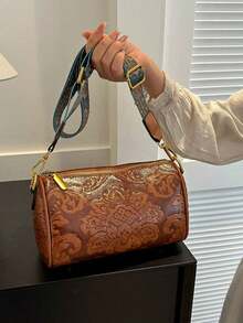 Embossed Crossbody Bag, Fashionable Retro Women's Cylindrical Bag, Wide Shoulder Strap Bag, Shoulder Bag, Minimalist Style Handbag, Women's Handbag, Classical Shoulder Bag, Crossbody Bag, Outdoor Leisure Crossbody Bag, Fashionable Small Shoulder Bag, Handbag And Cosmetics Bag, Daily Work And Travel, Retro Classic Shoulder Bag, Lightweight Storage Bag, Suitable For Women's Daily Use, Commuting To Work, Traveling, Shopping, Photo Check-In, Etc. - Multicolor - View 14