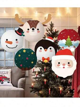 6 piezas/1 pieza Farolillos de papel navideños, hechos a mano, con temática de muñeco de nieve y Papá Noel, adecuados para fiestas DIY, decoración navideña, decoración de jardín al aire libre, decoración de mesa de comedor