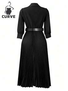 Plus Size Elegant Waist-Cinched Pleated Dress With Belt, Suitable For Spring/Summer, Formal Occasions, Weddings, Birthdays, And Teacher Outfits - Black - View 8