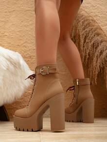 Women's Ankle Boots And Ankle Boots, Fashion Boots, New Autumn/Winter One-Buckle British Style Boots, Ankle Boots, Chunky Heel, Versatile, High Heel, Platform Women Shoes - Brown - View 4