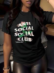 Camiseta gráfica mujer talla grande con estampado floral AntiSocial Social Club, Camisa de T 100% algodón talla grande con estampado digital de rosa negra y texto  AntiSocial Social Club 1 unidad de 220 gramos  camiseta de mujer estilo gótico con cuello redondo, diseño casual. - Negro - Ver 1