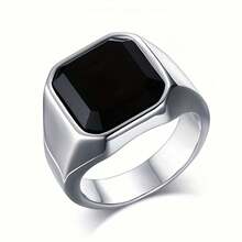 Fashion Simple Men's Ring Silvery 201 Stainless Steel Inlaid Black Synthetic Synthetic Gems Ring Companion Ring With Synthetic Synthetic Gems Seal Ring Friendship Ring - 銀色 - 查看 1